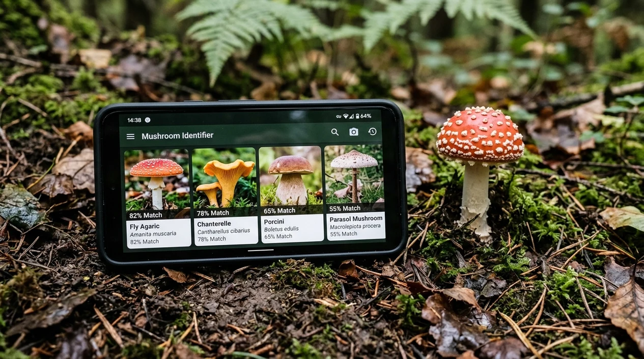 Smartphone scanning mushroom cap stem and gills for identification