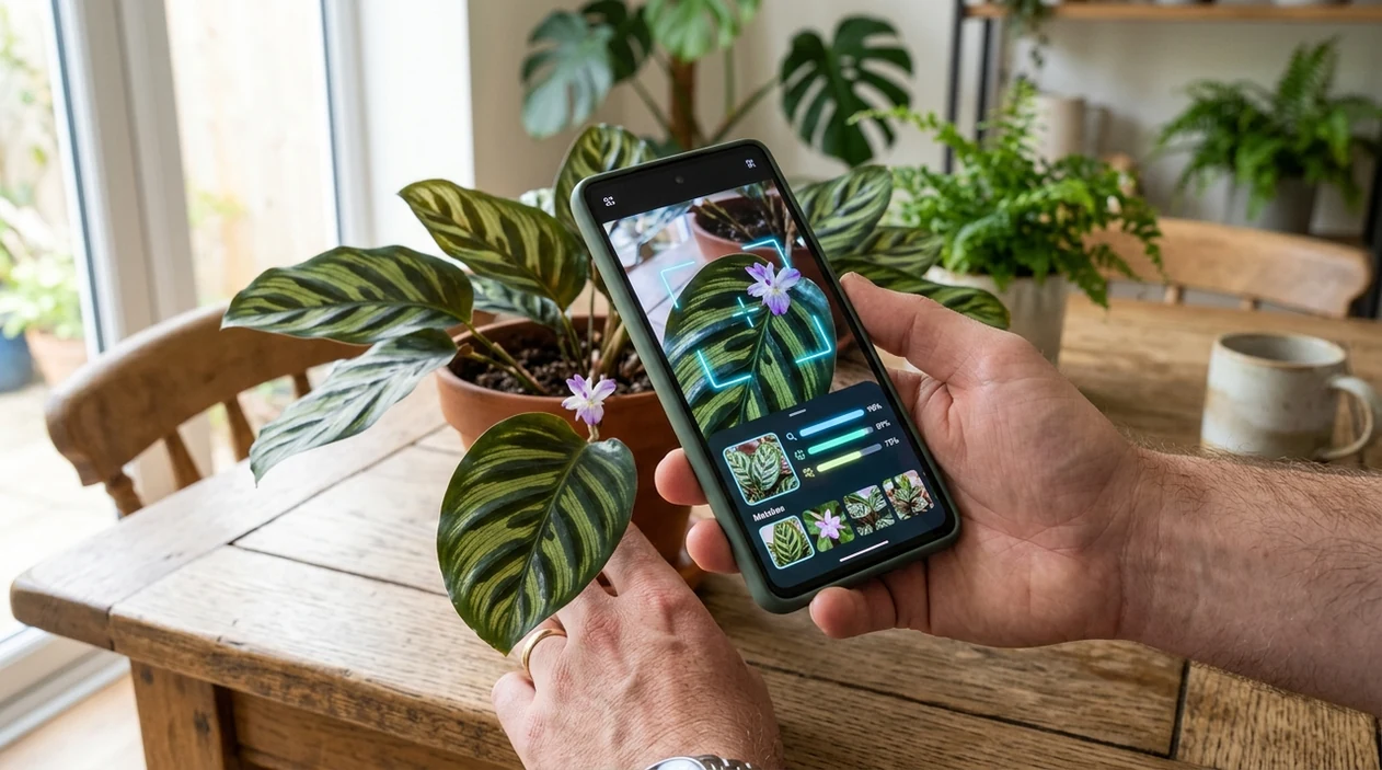 Phone scanning a plant leaf for a visual identification result