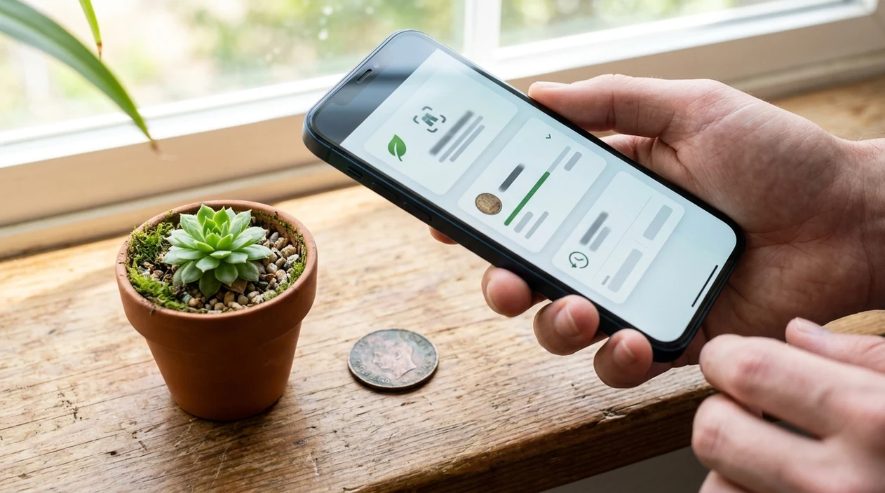 Phone scanning a plant and coin with visual identification results