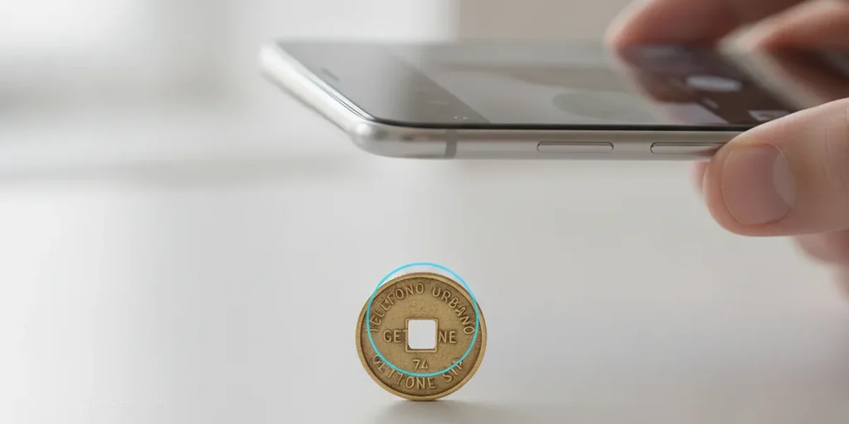 Gettone telefonico quanto vale: smartphone che fotografa un vecchio gettone SIP