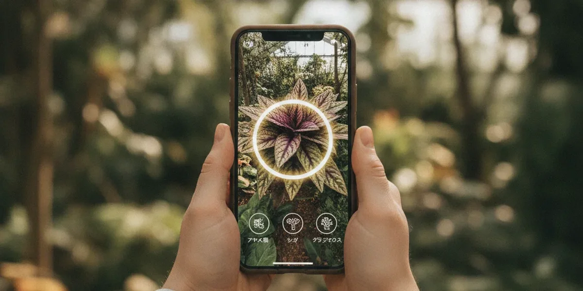 画像検索アプリで植物を撮影して名前を調べるスマートフォン