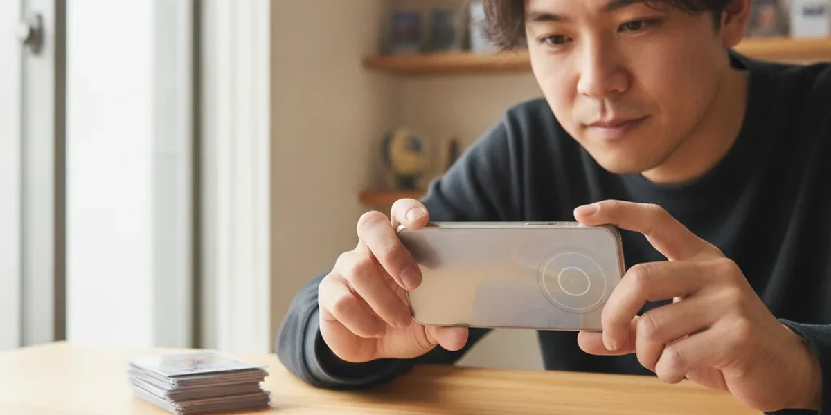 ポケカ 値段をスマートフォンの写真で調べる様子