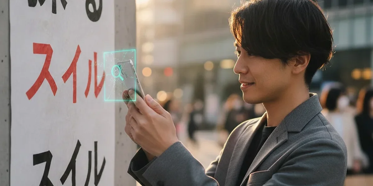 画像フォント 検索のため看板の日本語文字を撮影するスマートフォン
