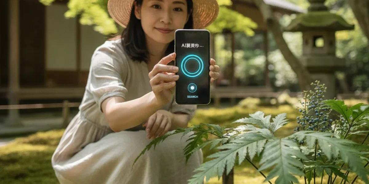 スマートフォンで植物を撮影して画像検索する様子