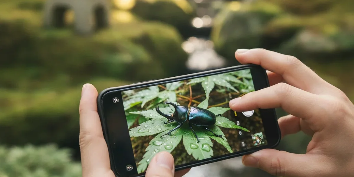 この虫何とスマートフォンの写真で調べる様子