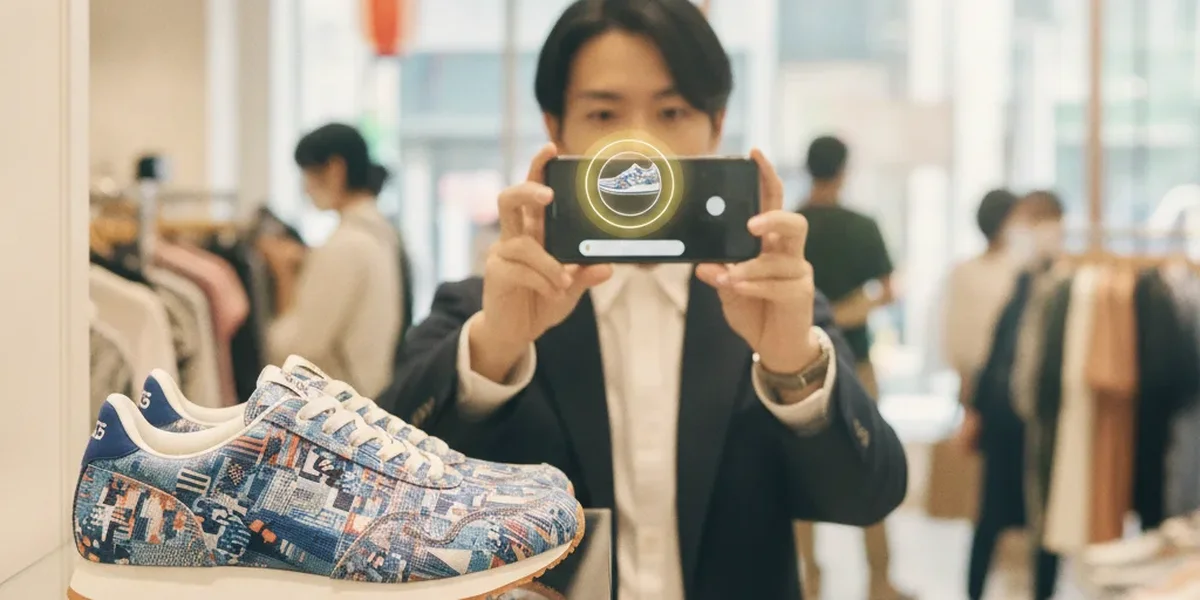 商品 画像検索でスマートフォンから商品を調べる様子