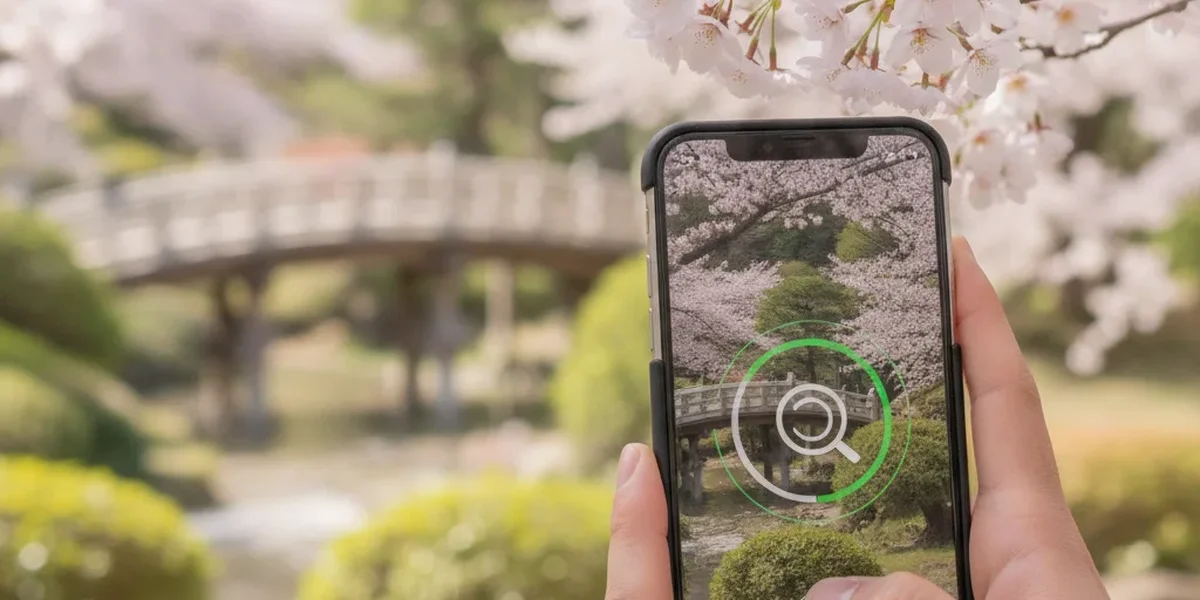 スマートフォンの写真で花の名前を調べる様子