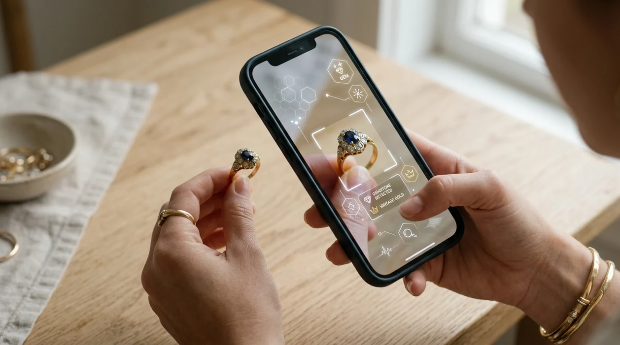 Jewelry identifier app scanning a gold ring from a phone photo