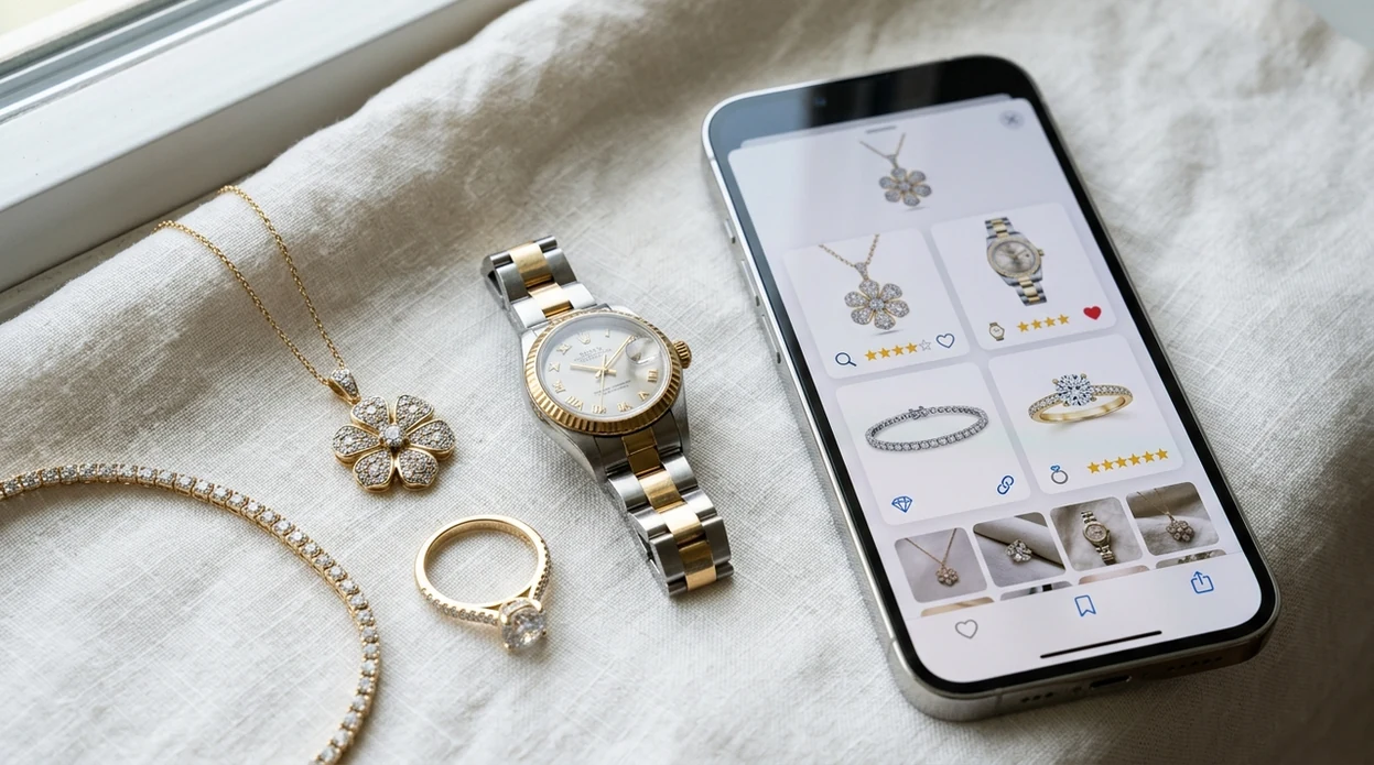 Phone scanner comparing rings, bracelets, watches, and pendant jewelry