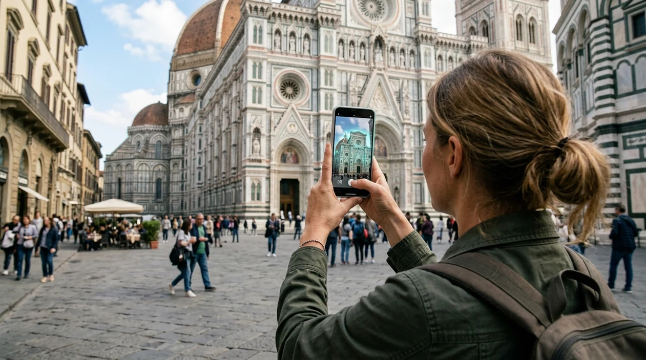 Landmark identifier scanning a cathedral from a traveler smartphone