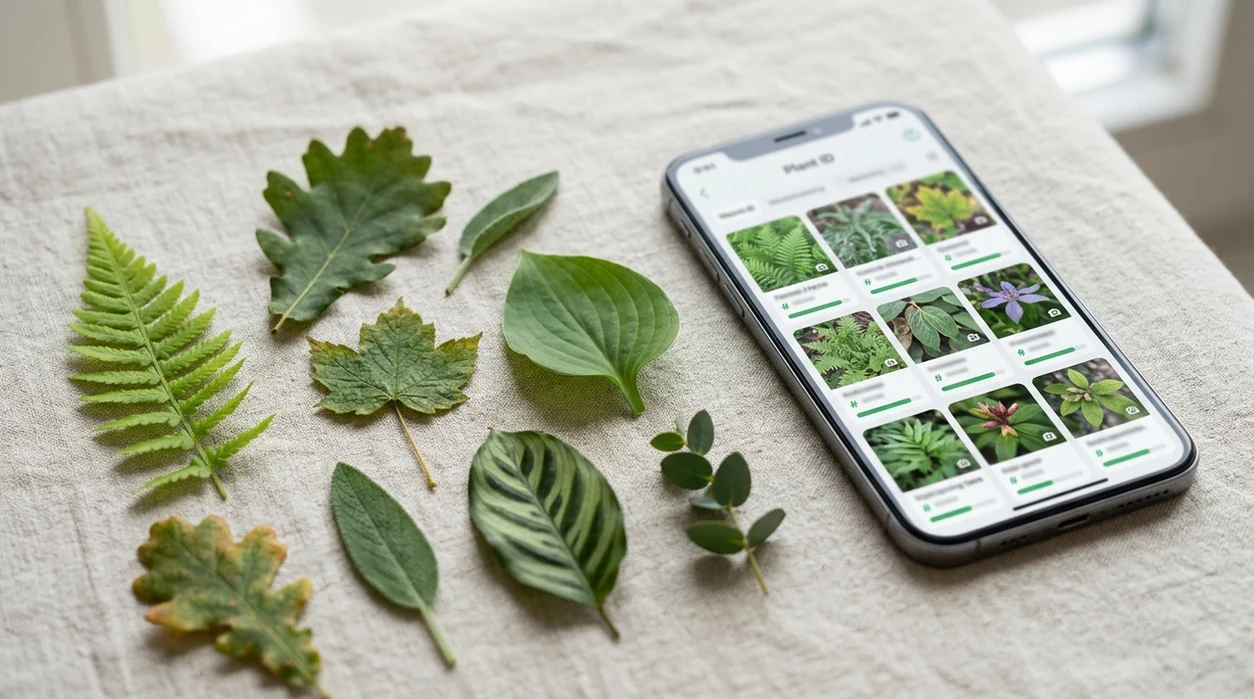 Phone showing likely plant matches for several photographed leaves