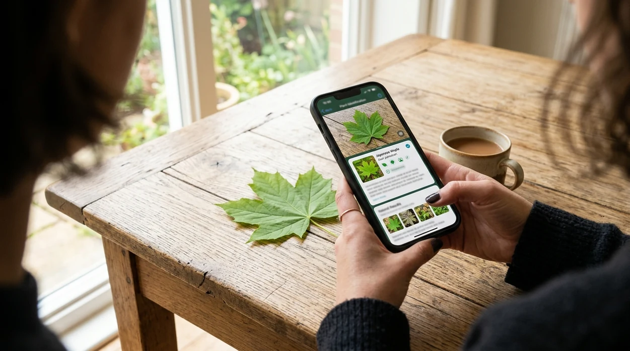 Leaf identifier app scanning a green leaf from a phone photo