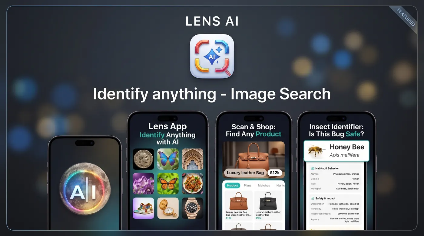 Phone screen showing Lens App scan results next to a simple pricing card with free and upgrade options