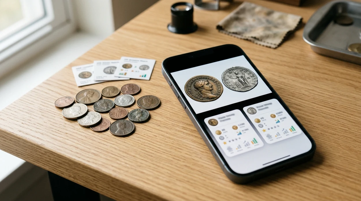 Coin scanner result on phone beside a small coin collection