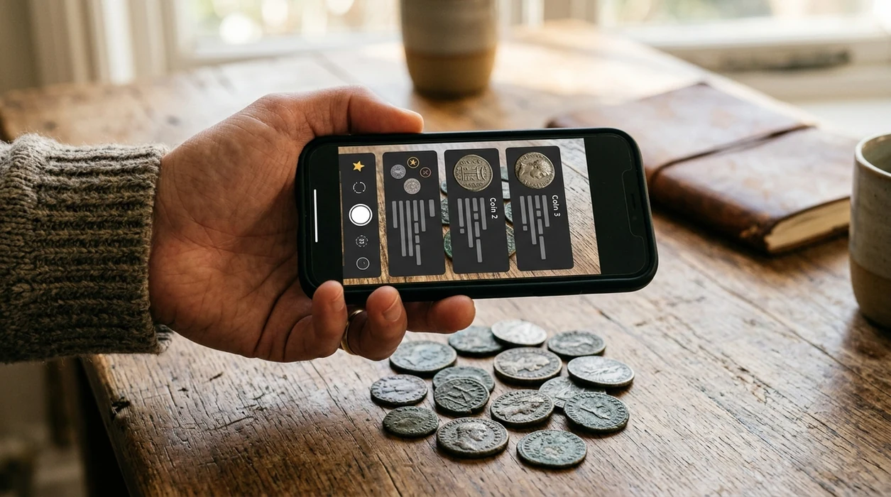 Lens App vs Coinscope comparison shown with a smartphone scanning coins