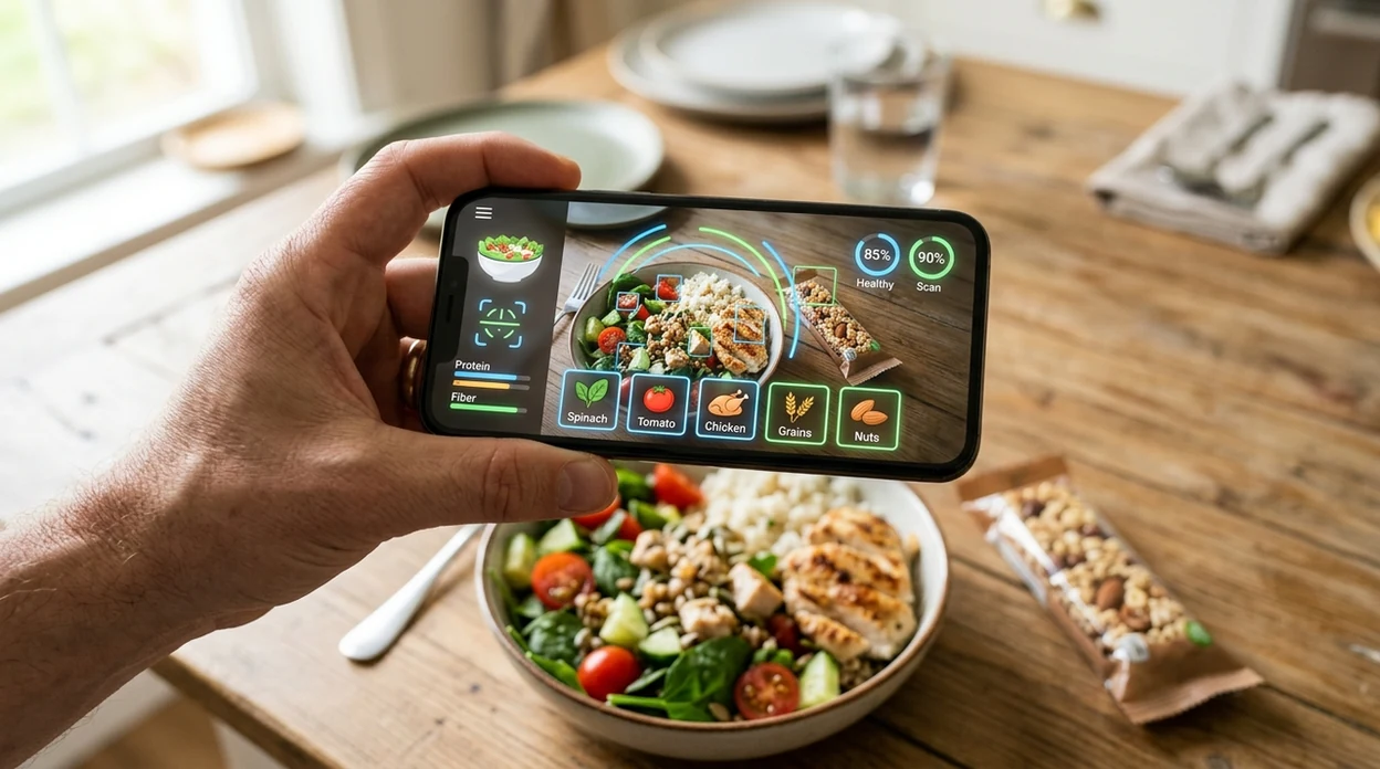 mobile food identifier scanning a meal and packaged snack