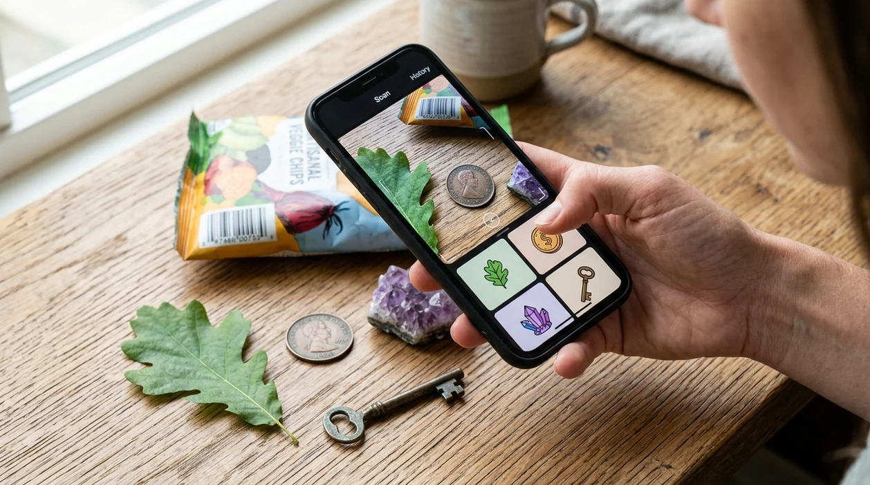 AI visual identifier scanning a leaf coin crystal and snack