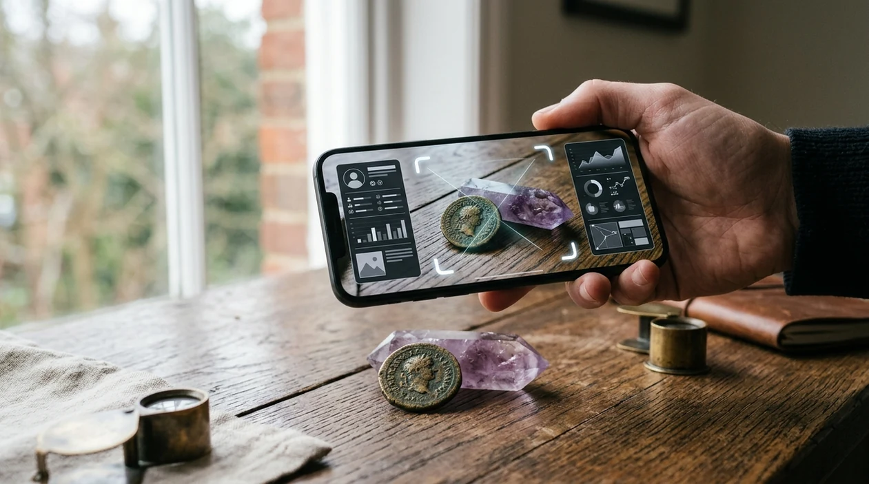 mobile object scanner identifying a coin and crystal from a photo