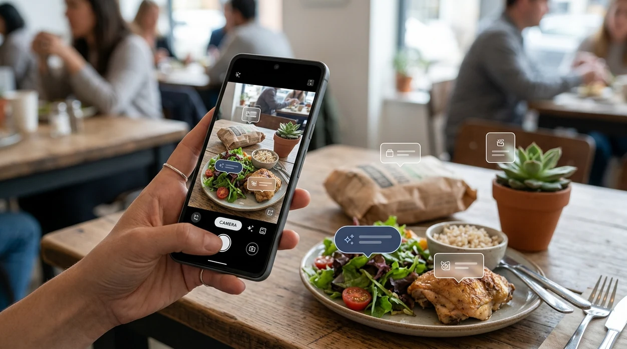 Food scanner identifying a meal photo and grocery package