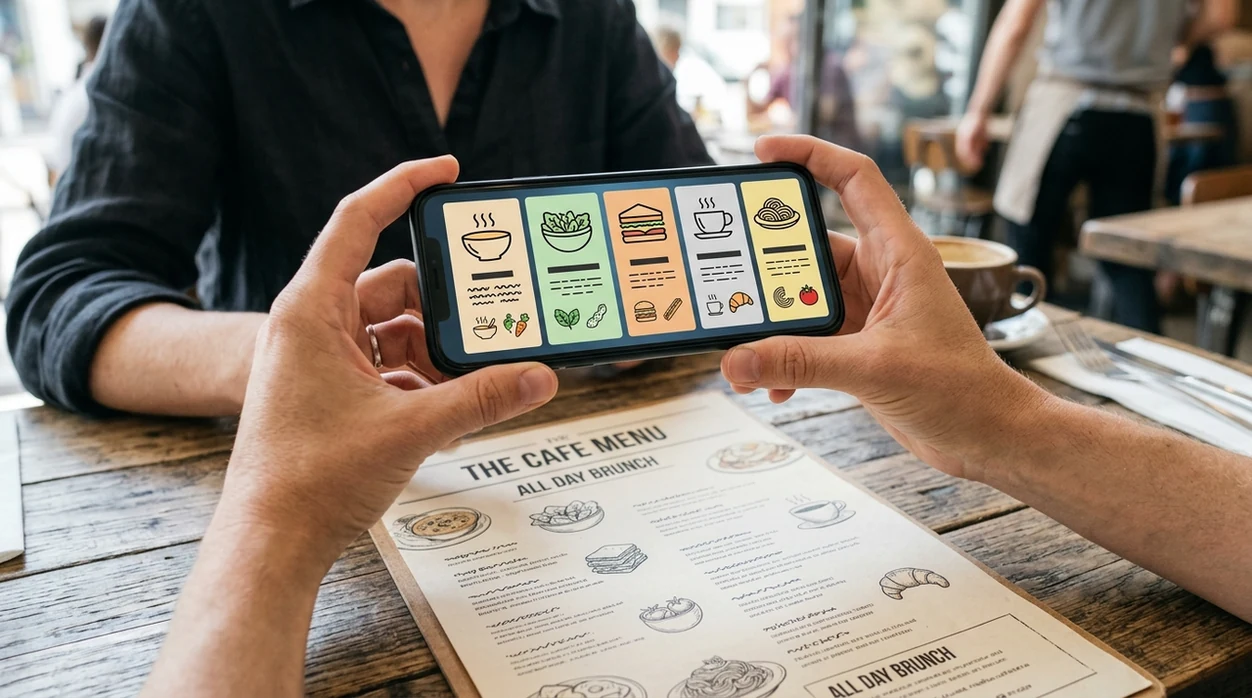 Camera translation result for a café menu on a phone