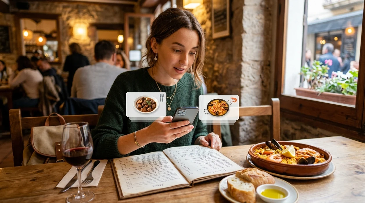 Menu translator app scanning a restaurant menu while traveling