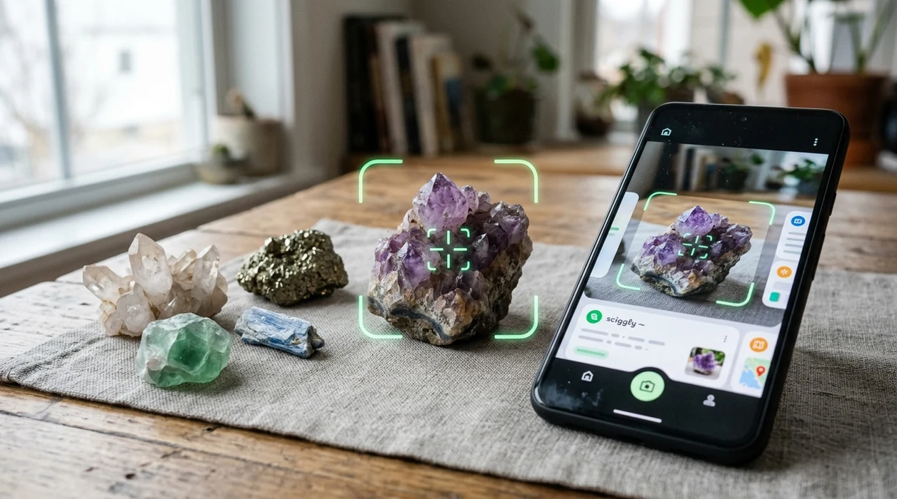 Phone scanner comparing mineral specimens on a table
