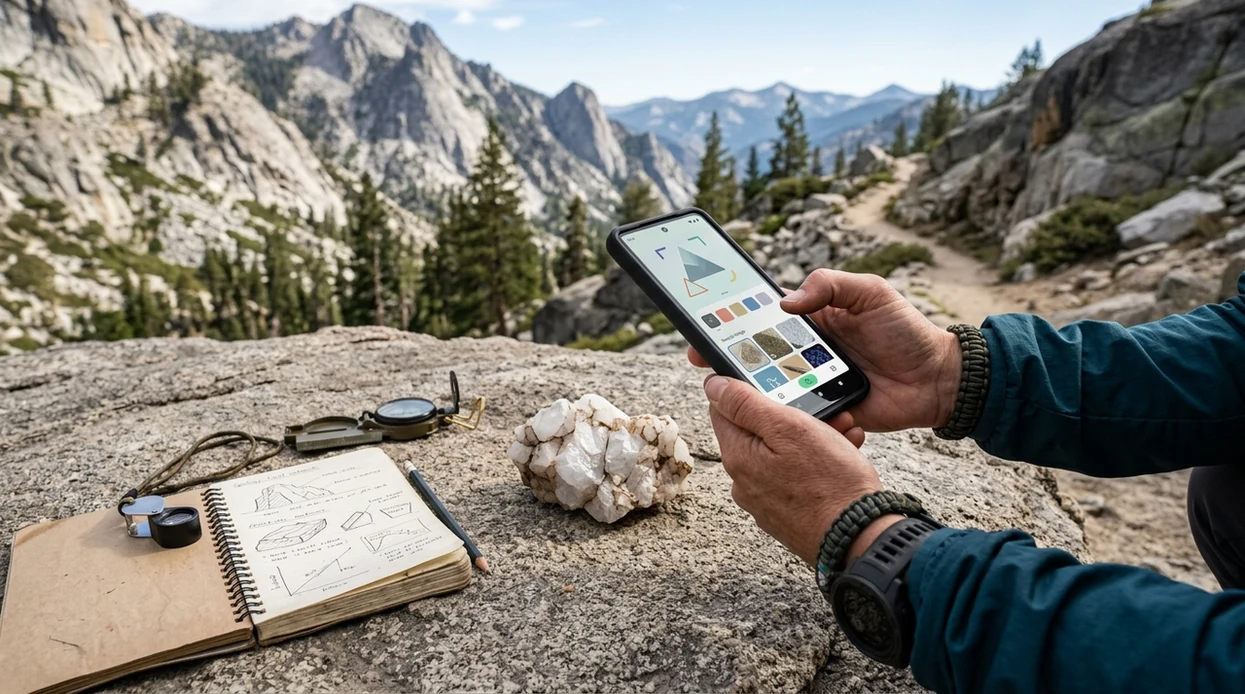 Mineral identifier scanning a crystal sample during an outdoor hike
