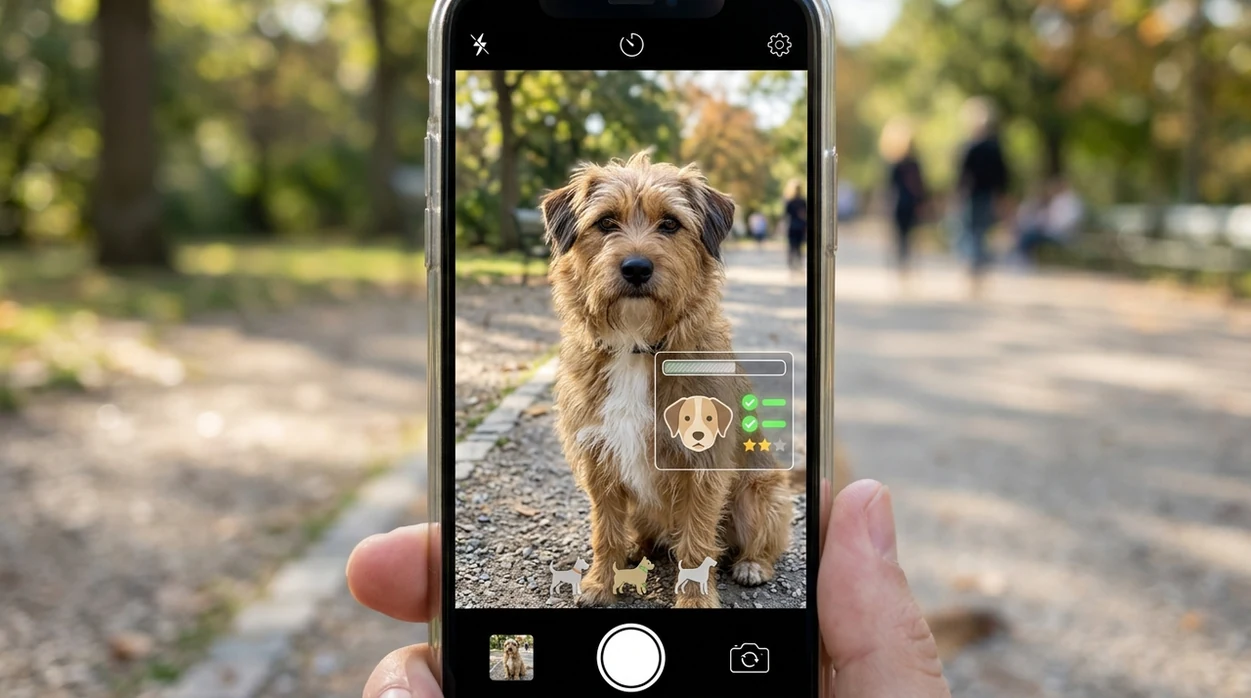 Phone scanner showing likely breed matches for a mixed dog