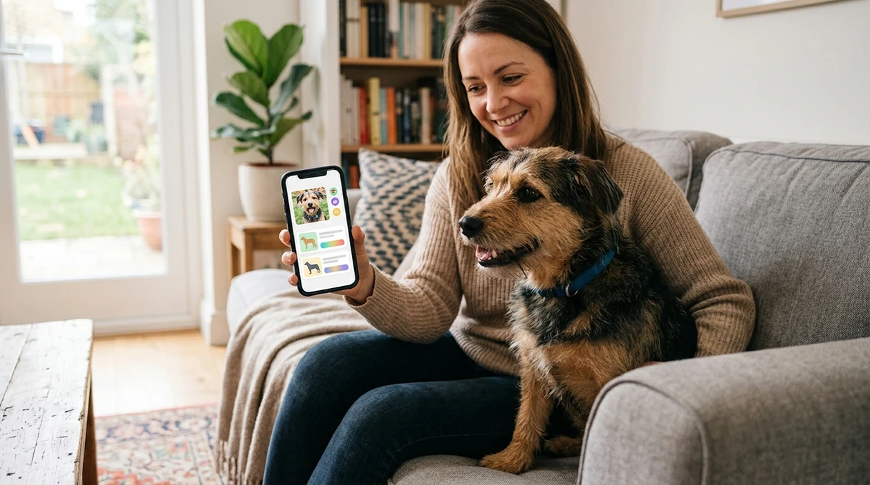 Mixed breed dog identifier scanning a friendly rescue dog from a phone
