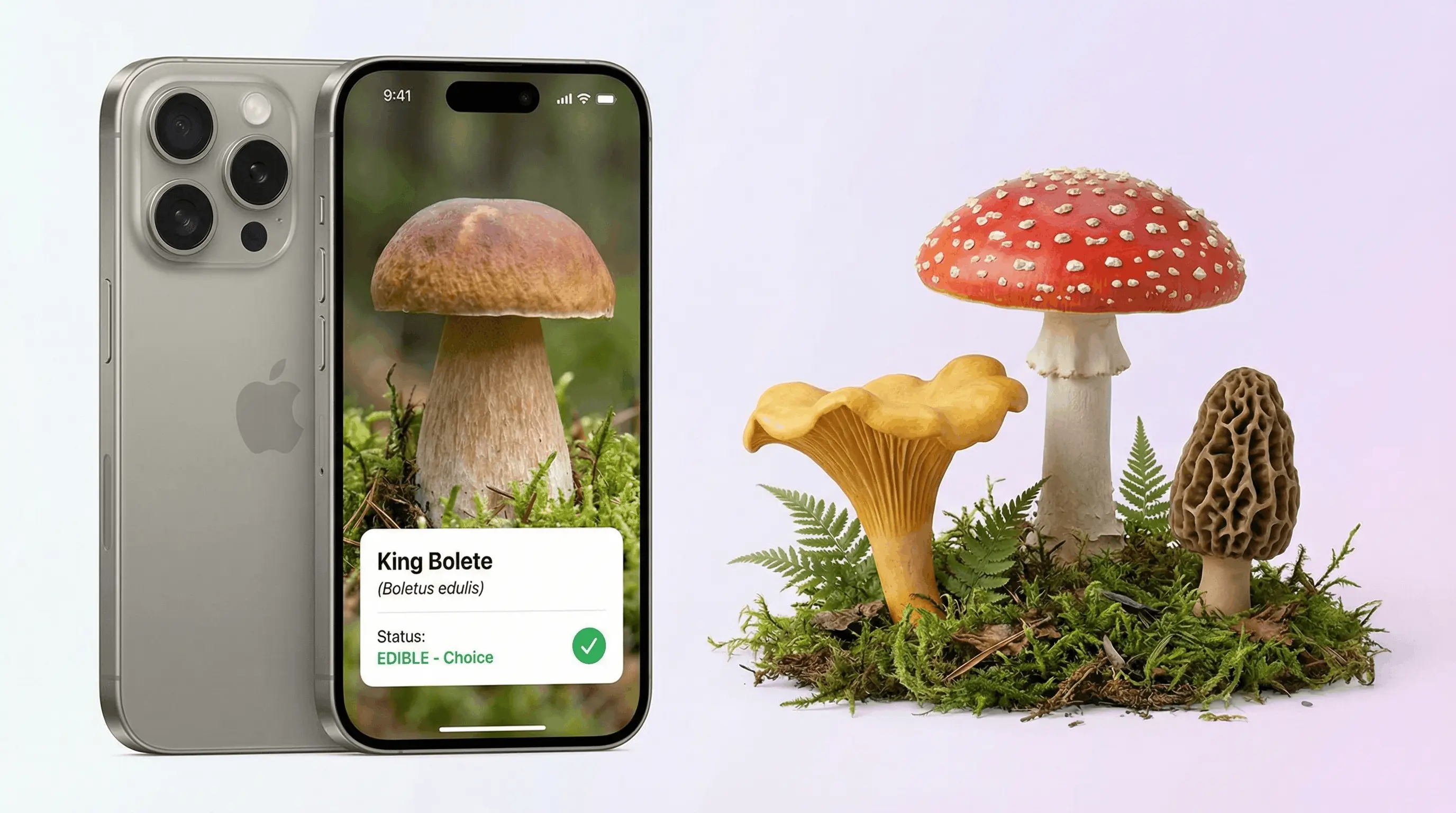 AI mushroom identifier app on iPhone showing species name and edible or toxic safety classification