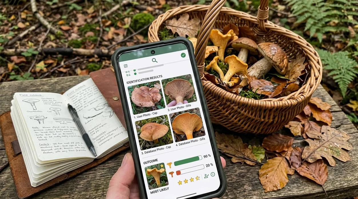 Forager comparing mushroom scan results with field notes and photos