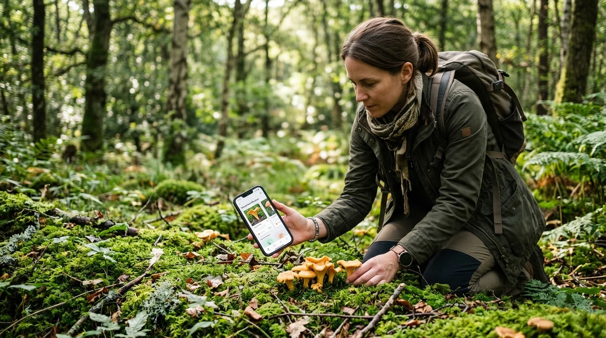 Mushroom identifier for foragers scanning wild fungi on a forest floor
