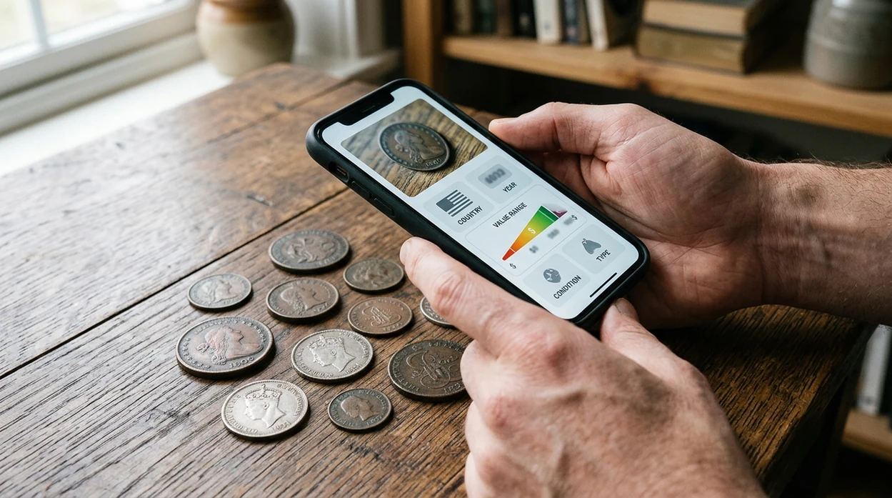 Old coin value checker scanning antique coins on a phone