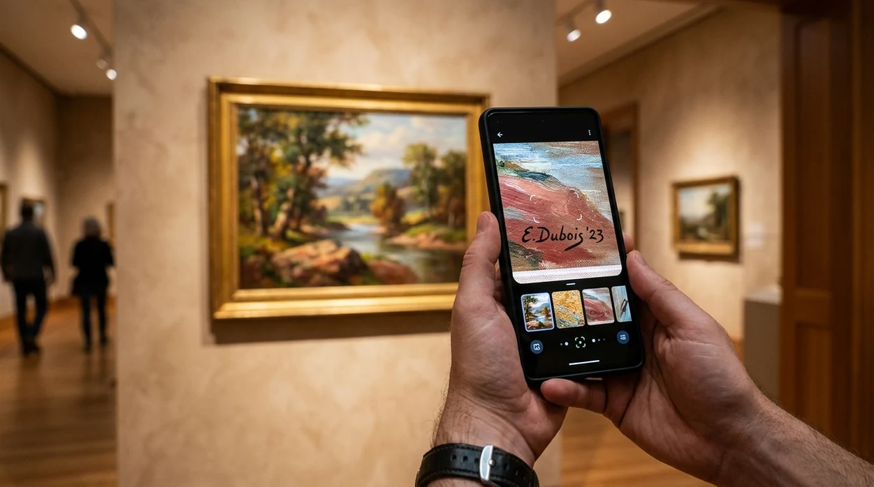 Art signature scanner comparing close-up painting details on mobile