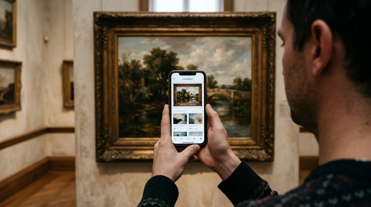 Painting identifier app scanning framed artwork from a phone photo