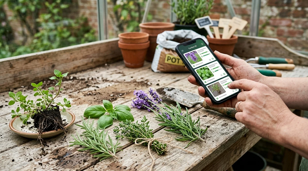 Garden plant scanner comparing herb, weed, and flower photos