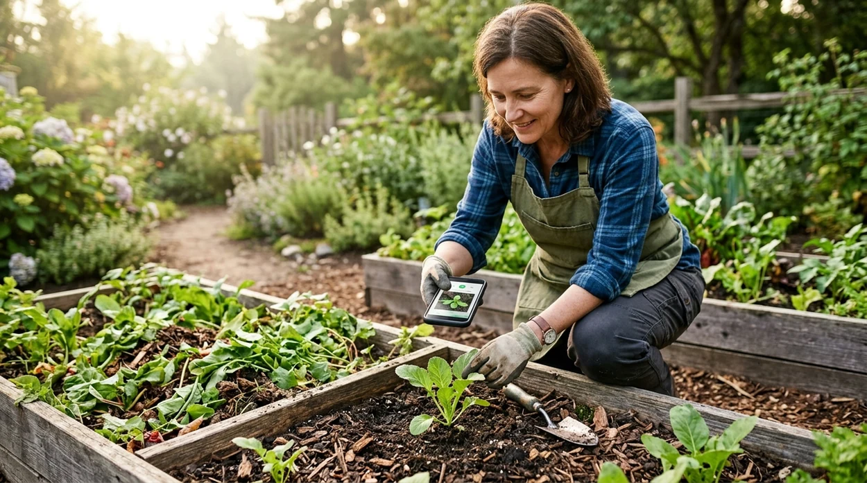 Plant identifier for gardeners scanning an unknown seedling in a raised bed