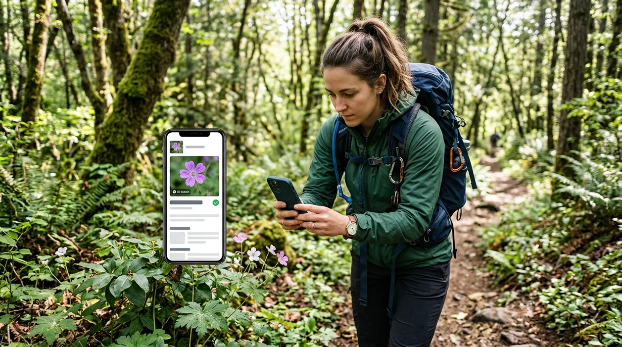 Plant identifier for hikers scanning a wildflower on a forest trail