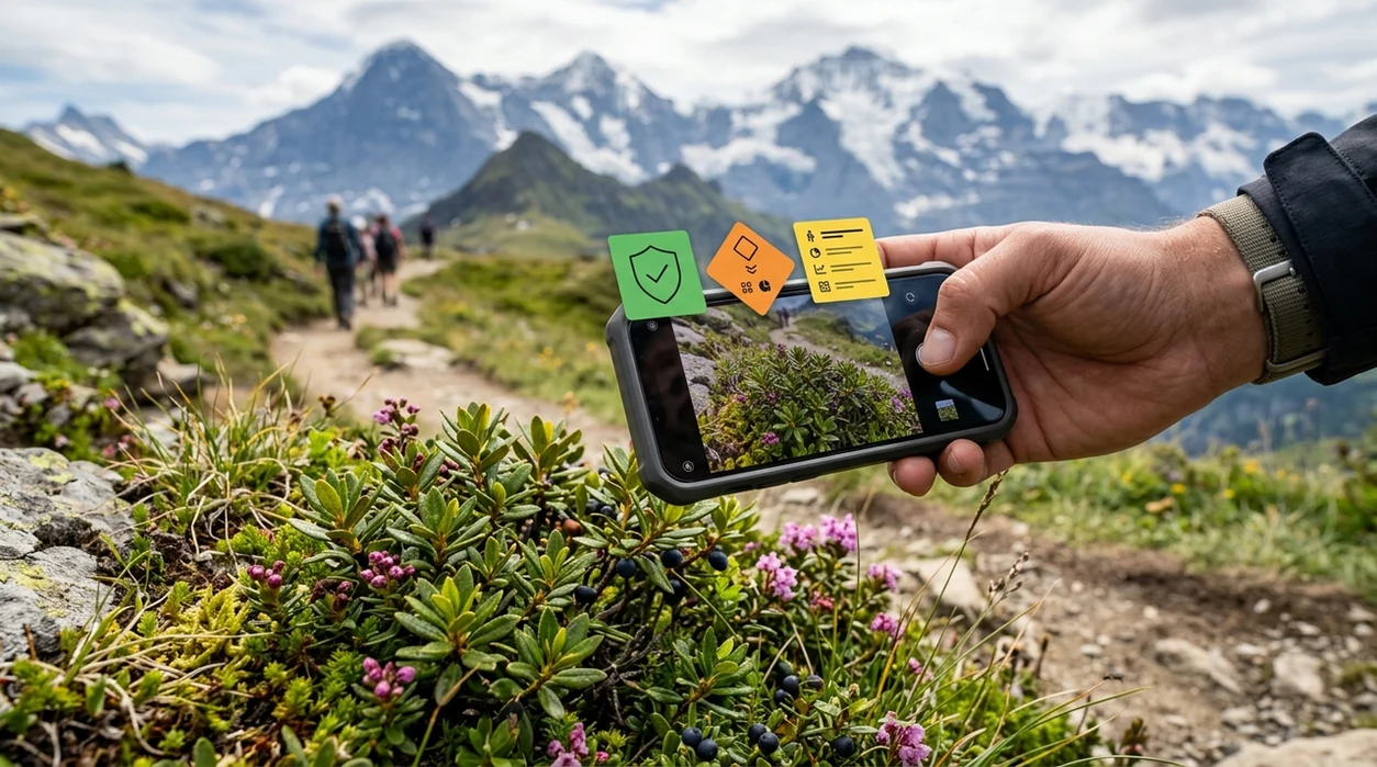 Hiker using a phone scanner to identify leafy trail plants