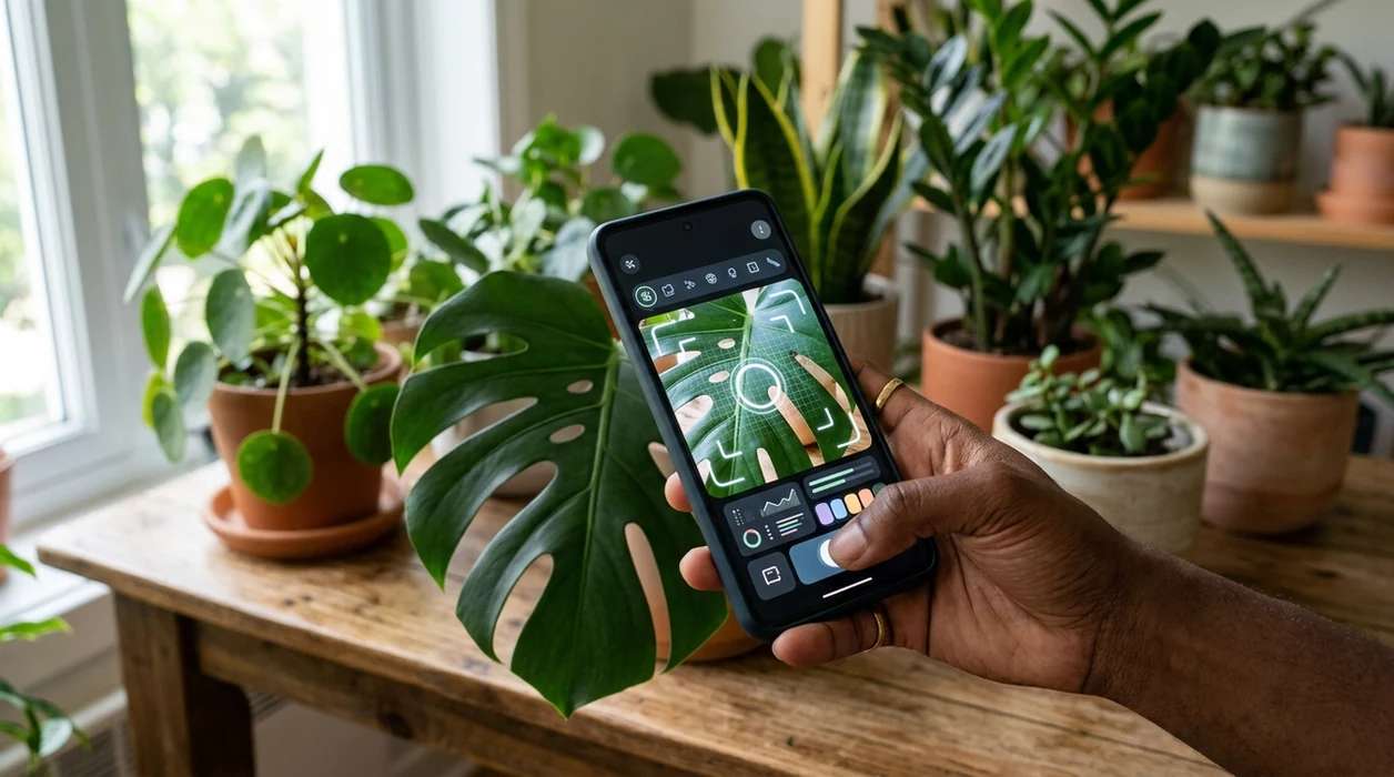 Close-up houseplant leaf being scanned by a mobile identifier