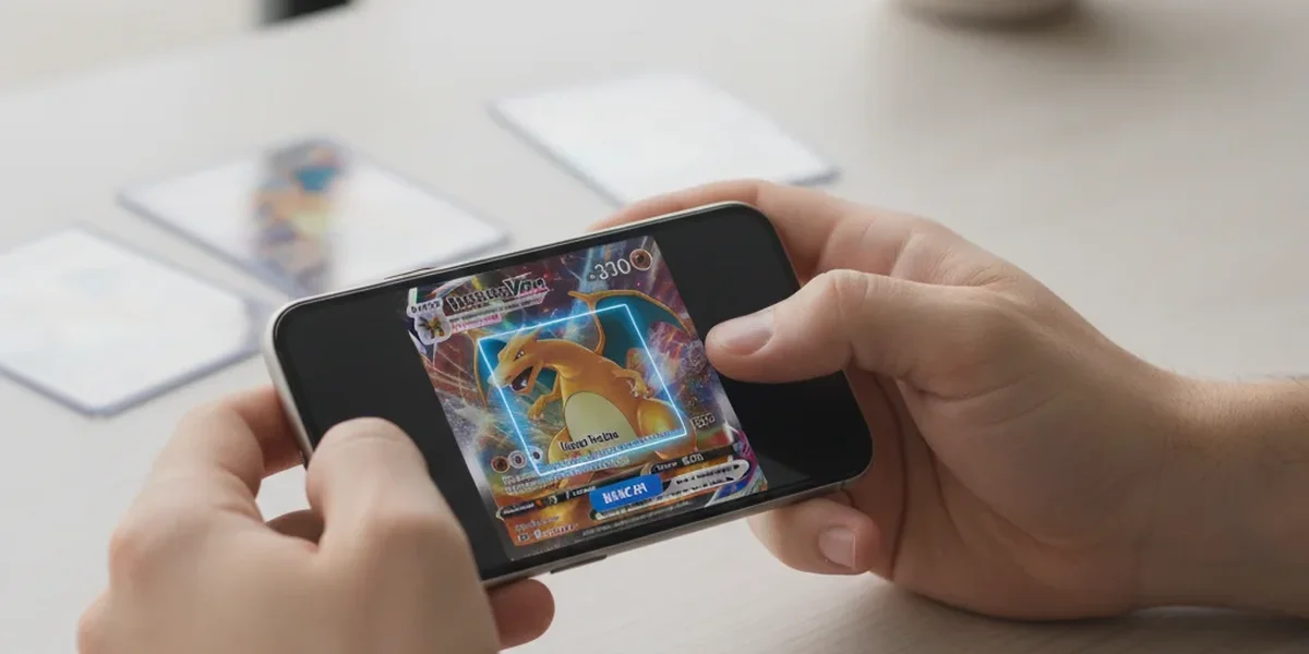 Celular analisando o preço de cartas Pokémon por foto