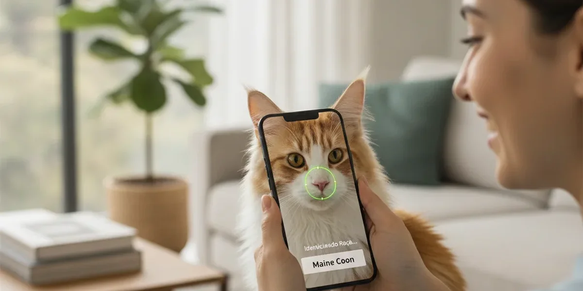 Pessoa usando o celular para descobrir qual é a raça desse gato