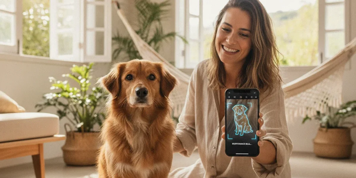 Qual é a raça desse cachorro sendo identificada por foto no celular