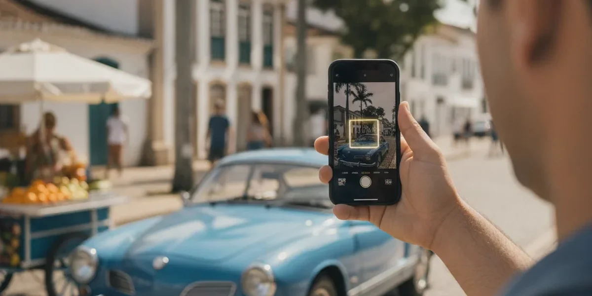 Pessoa usando o celular para descobrir qual é esse carro pela foto