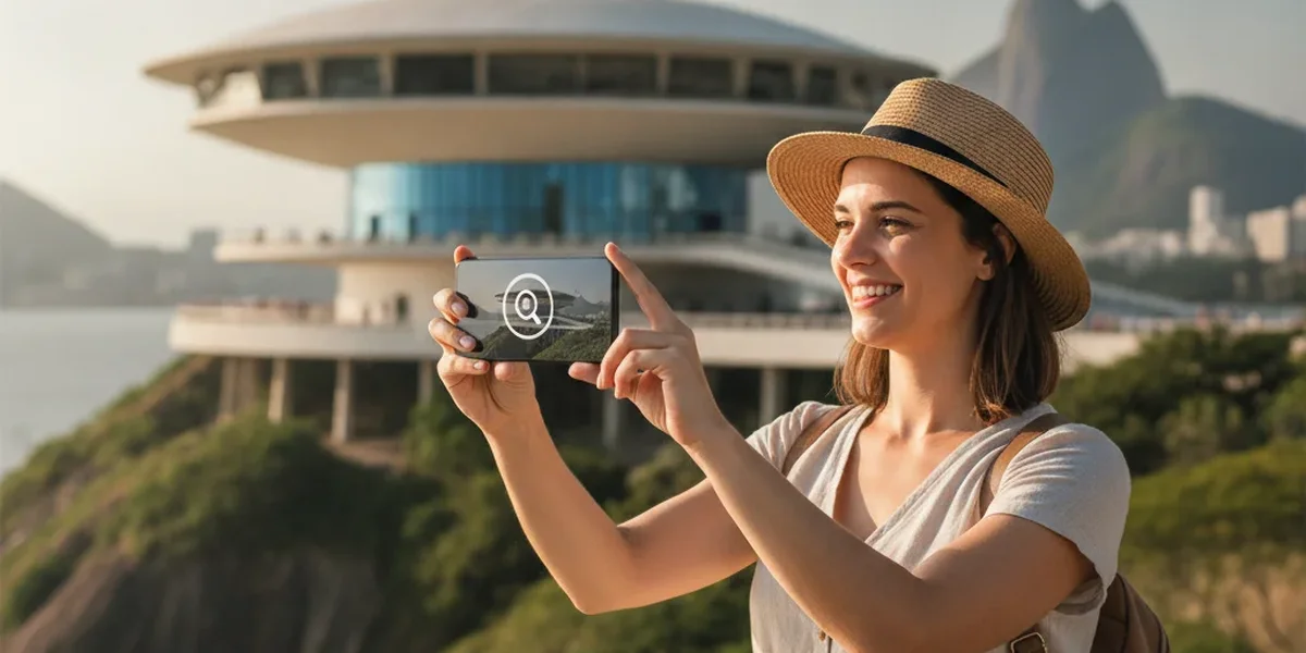 Pessoa usando o celular para descobrir lugar pela foto de um monumento