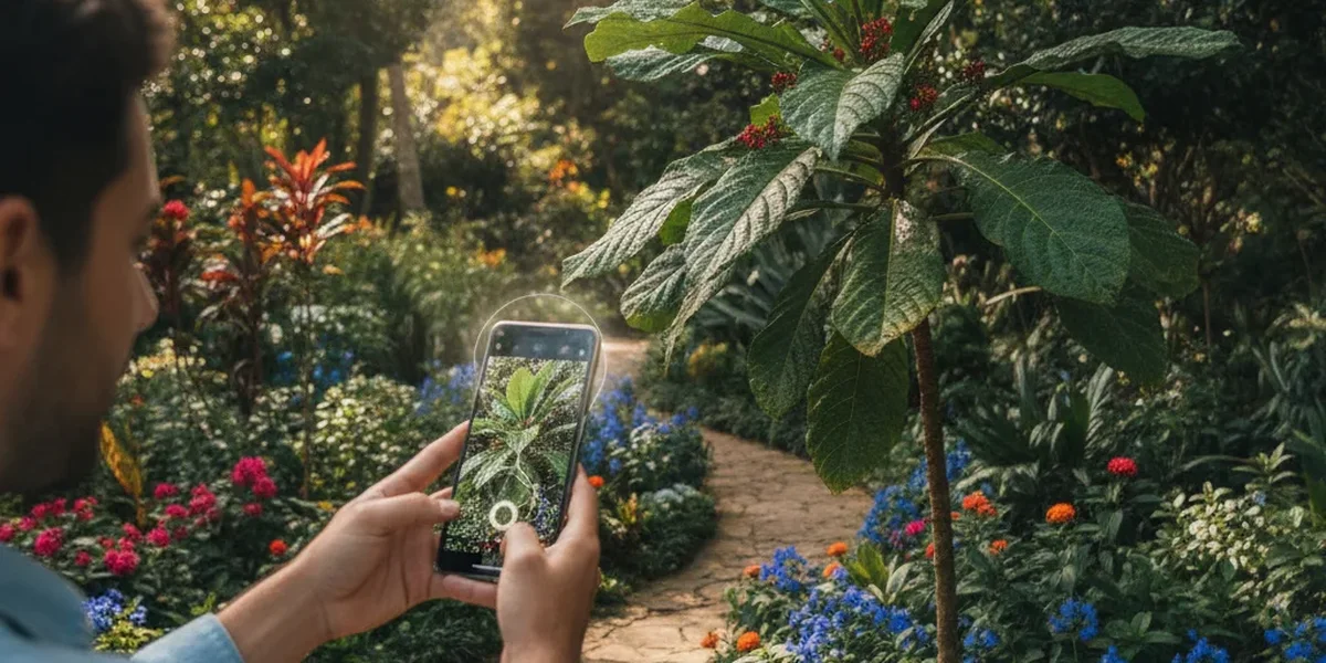 Pessoa usando o celular para descobrir que planta é essa por foto