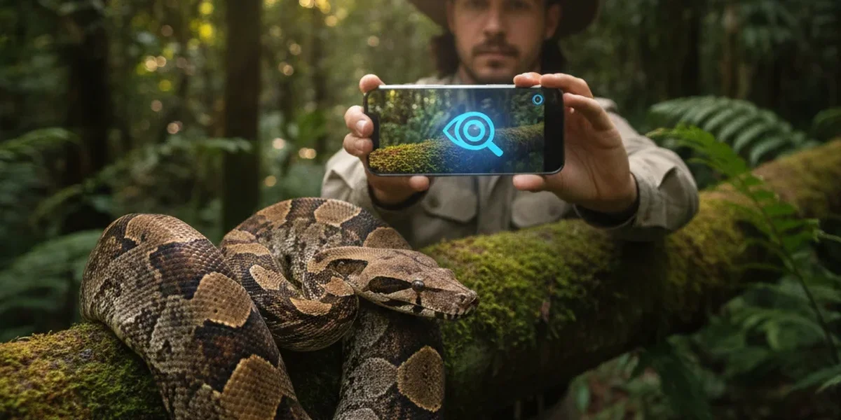Pessoa usando celular para identificar cobra por foto com segurança