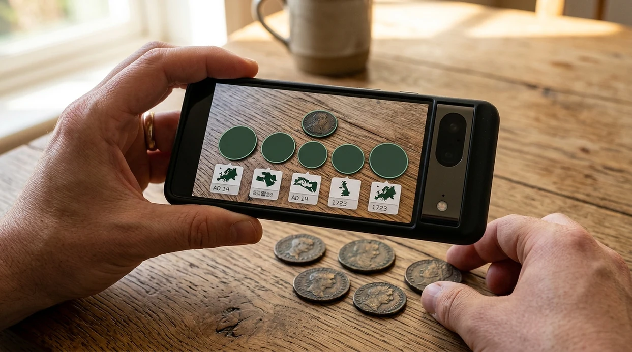 Rare coin identifier scanning old coins with a smartphone camera