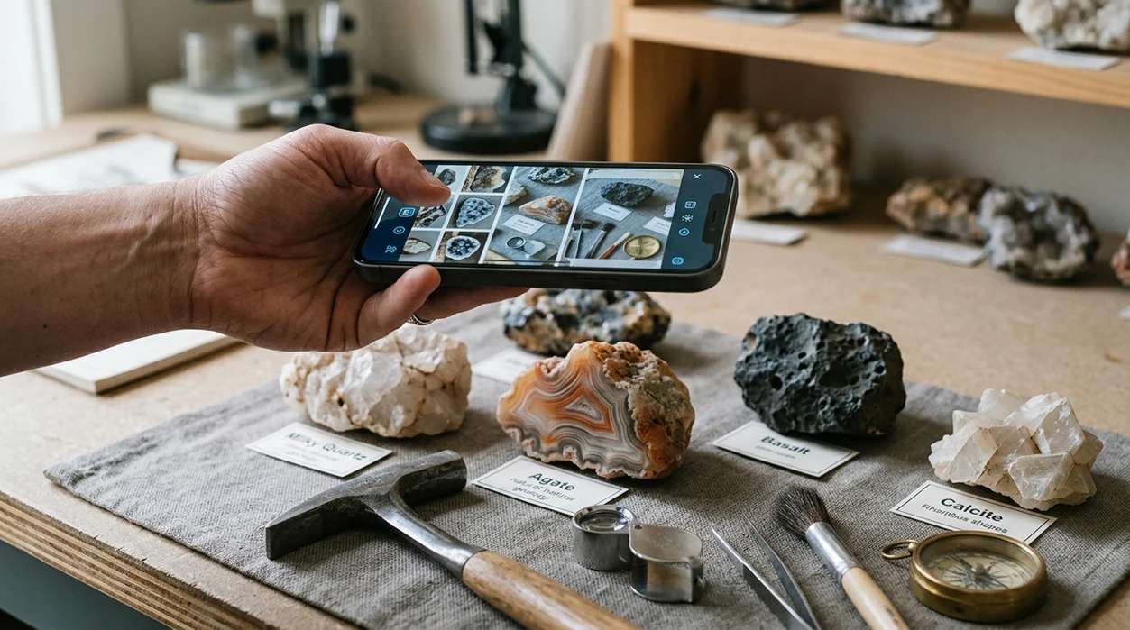 Phone scanner comparing quartz, agate, basalt, and calcite samples