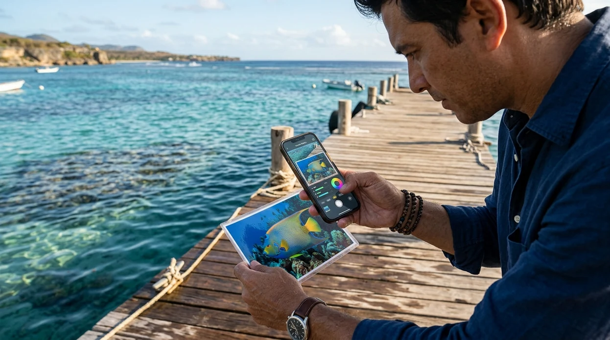 Saltwater fish identifier scanning a colorful reef fish photo